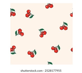 Fruit vintage t-shirt design. Cherry repete o design. Trabalho artístico de padrão de cereja doce.  Impressão de cereja. Projeto de impressão do clube de frutas da natureza. Arte de comida orgânica para camiseta.