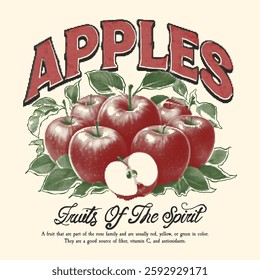 Fruit vintage t-shirt design. Vintage Glossy Red Apples With Text. food artwork for for t-shirt. Fresh apple fruit print. Nature fruit print design. Fruit vintage t-shirt design. summer tropical 