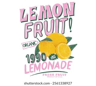 Fruit vintage t-shirt design. Summer food poster design. Lemon fruit artwork. Fresh lemon fruit print. Nature fruit club print design. Organic food artwork for for t-shirt. Lemonade art.