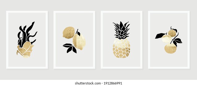 Fruit wall art gold background vector.  Hand drawn tropical fruit with golden and watercolor texture. Vector illustration for prints, wall decoration, wallpaper and cover design.