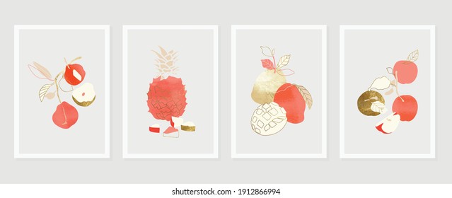 Fruit wall art gold background vector.  Hand drawn tropical fruit with golden and watercolor texture. Vector illustration for prints, wall decoration, wallpaper and cover design.