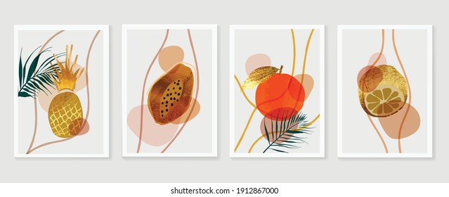 Fruit wall art gold background vector.  Hand drawn tropical fruit with golden and watercolor texture. Vector illustration for prints, wall decoration, wallpaper and cover design.