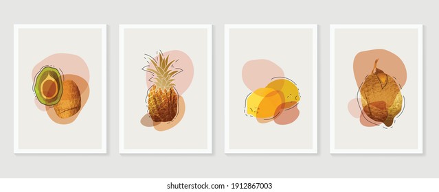 Fruit wall art gold background vector.  Hand drawn tropical fruit with golden and watercolor texture. Vector illustration for prints, wall decoration, wallpaper and cover design.