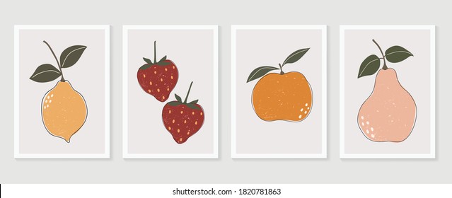 Fruit Wall Art Vector Set. Foliage Line Art Drawing With  Abstract Shape.  Abstract Plant Art Design For Print, Cover, Wallpaper, Minimal And  Natural Wall Art. 