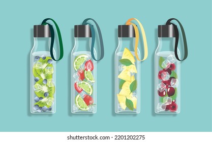 Fruit water in glass bottles. Fruits and berries in a water. Detox and refreshment drink concept. Trendy vector isolated elements on a blue background. Modern illustration for web and print. 