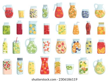 Fruit water icons set cartoon vector. Soda menu. Straw lemon