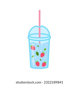 Fruit water with a straw, strawberries and leaves. Disposable cup with straw. Isolated on white background. 