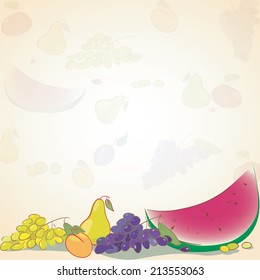Fruit and watermelon. Background of harvest of apple pear peach grapes and plum. Still life. Vector