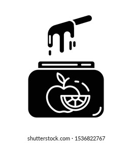 Fruit waxing glyph icon. Natural, soft, cold wax in jar with spatula. Hair removal equipment. Professional beauty treatment cosmetics. Silhouette symbol. Negative space. Vector isolated illustration
