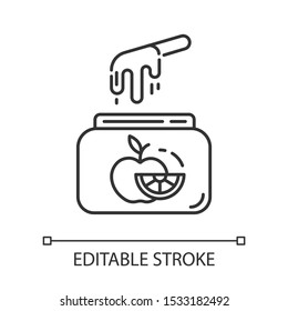 Fruit waxing linear icon. Natural, soft, cold wax in jar with spatula. Body hair removal equipment. Thin line illustration. Contour symbol. Vector isolated outline drawing. Editable stroke