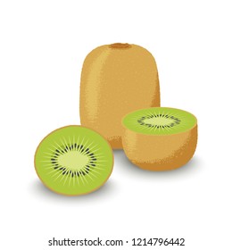 Fruit. Whole kiwi and cut ​​slices on a white background. Vector illustration.
