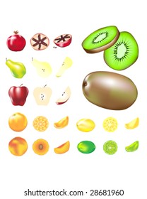 Fruit - whole, slices, and wedges - in vector illustration.  Set includes common types plus kiwi and pomegranate.