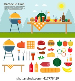 Fruit, wine, barbecue, grill, watermelon on the grass. Summer picnic on meadow under umbrella. Vector flat illustrations for website, mobile, banners, brochures, covers, layouts