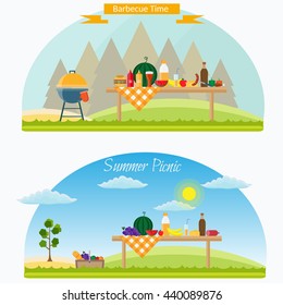 Fruit, wine, barbecue, grill, watermelon on the grass. Summer picnic on meadow under umbrella.