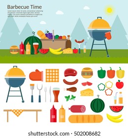 Fruit with wine, barbecue grill, watermelon on the grass, bbq. Summer picnic on meadow under sky set vector background.