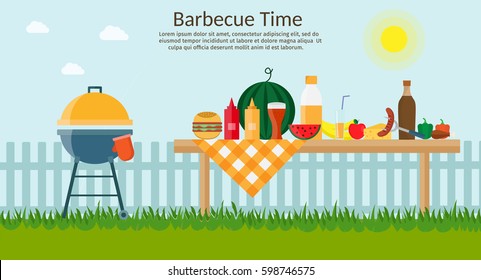 Fruit with wine, barbecue grill, watermelon on the grass, bbq flat illustration. Summer picnic on meadow under sky.