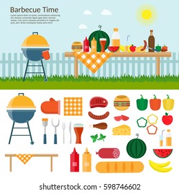 Fruit, wine, barbecue grill, watermelon on the grass, bbq flat vector illustration. Summer picnic on meadow under sky.