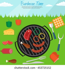Fruit, wine, barbecue, picnic grill, watermelon on the grass set. Summer time on meadow.