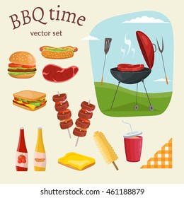 Fruit, wine, barbecue, picnic grill, watermelon on the grass set. Summer time on meadow.