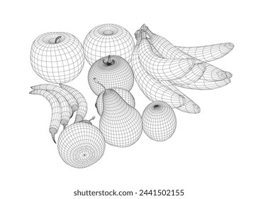 Fruit wireframe: bananas, apples, pears, peppers, tomato made of black lines isolated on a white background. Vector illustration. 3D.