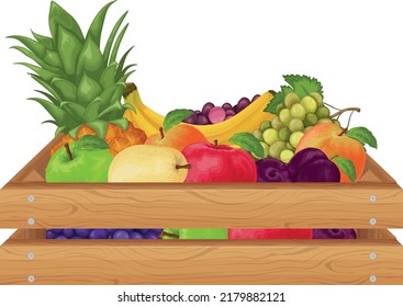 Fruit. A wooden box with fruits such as pineapple, banana, pears, apples and also plums, peaches, grapes. Fruit in the drawer. vegetarian products. Vector illustration