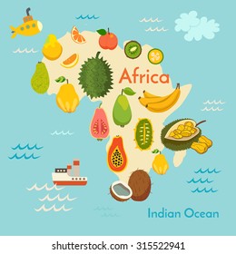 Fruit world map, Africa. Vector illustration, preschool, baby, continents, oceans, drawn, Earth.