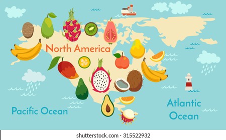 Fruit world map, North America. Vector illustration, preschool, baby, continents, oceans, drawn, Earth.