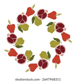 Fruit wreath. Fruits harvest circle frame. Round frame with apples, pears, and pomegranates for seasonal greeting cards, invitations, postcards, and packaging design. Vector design isolated on white.