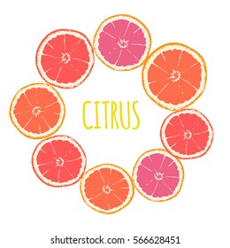 Fruit wreath with isolated hand drawn citruses. Design for invitation, wedding or greeting cards. Vector illustration. 