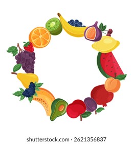 Fruit wreath with various tropical fruits isolated on white background