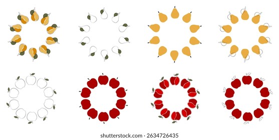 Fruit wreaths. Apples and pears in a flat arrangement. Vector Illustration Decorative elements for design of invitations, banners, labels and labels.
