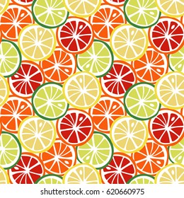 fruit yellow lemon green lime orange red grapefruit citrus tropical summer pattern seamless vector.