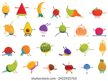 Fruit yoga icons set cartoon vector. Funny characters meditates. Fitness exercises