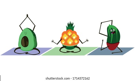 Fruit yoga.Cute fruits and vegetables do yoga pose exercises. Funny vector cartoon food set of characters isolated in the background. Healthy nutrition and fitness