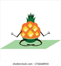 Fruit yoga.Cute pineapple on a green Mat doing yoga poses. Funny vector cartoon of food isolated on a white background.Healthy nutrition and fitness