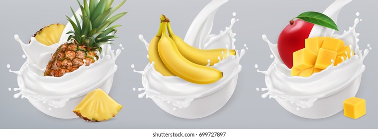 Fruit yogurt. Banana, mango, pineapple and milk splashes. 3d realistic vector icon set.