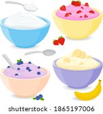 Fruit yogurt or cream in bowls. Vector illustration