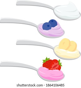 Yogur de fruta o crema en cucharas. Ilustración del vector