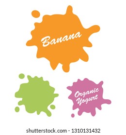 Fruit yogurt logos set. Milk product food strawberry cherry and peach