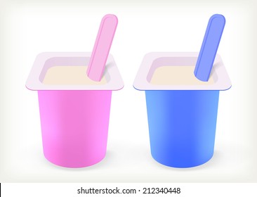 Fruit yogurt in plastic boxes on white