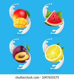 Fruit yogurt set. Mango, lemon, watermelon, plum and milk splash Realistic vector icon