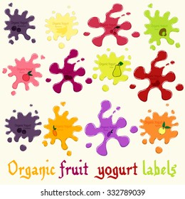 Fruit yogurt splashes or blots, organic milk products labels, different colors and forms, vector