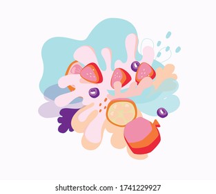 Fruit yogurt. Splashes of milk and berries and fruits.