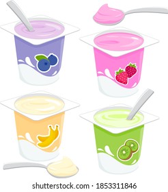 Yogur de frutas con cucharas. Ilustración del vector