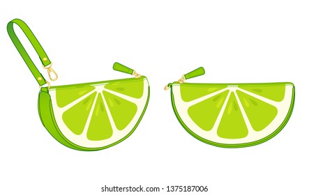 fruit zip bag, lemon semicircle pouch with wrist strap, vector illustration