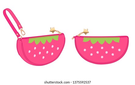 fruit zip bag, pink strawberry semicircle pouch with wrist strap, vector illustration