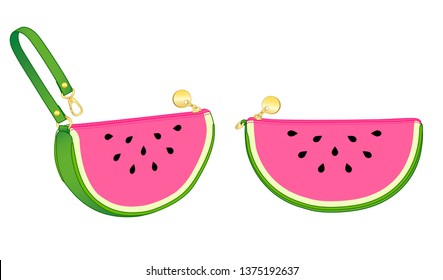 fruit zip bag, semicircle watermelon pouch with wrist strap, vector illustration
