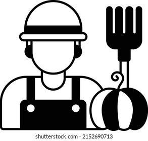 fruiterer with Spade Fork vector icon design, Farming and Agriculture symbol, village life Sign, Rural and Livestock stock illustration, Farmer straw hat carry big pumpkin Concept