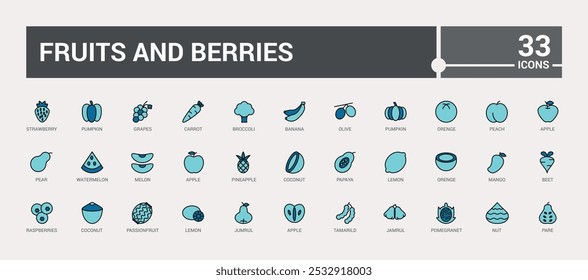 fruites and berries. line colorful icons set, Collection of fruits and berries. Editable stroke. Pixel perfect line and filled color icon pack.