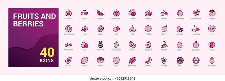 fruites and berries. line colorful icons set, Collection of fruits and berries. Editable stroke. Pixel perfect line and filled color icon pack.